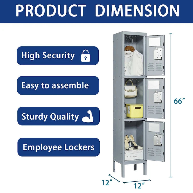 3-Door Metal Storage Locker with Lock