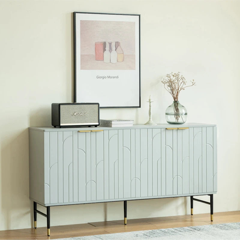 60" Modern Sideboard Buffet Cabinet with 4 Doors & Gold Handles