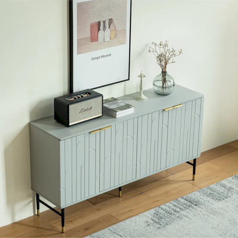 60" Modern Sideboard Buffet Cabinet with 4 Doors & Gold Handles
