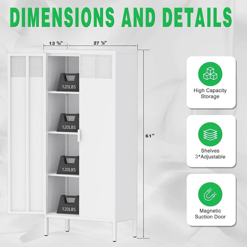 61" Tall Metal Storage Cabinet with Adjustable Shelves & Ventilated Doors