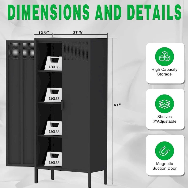 61" Tall Metal Storage Cabinet with Adjustable Shelves & Ventilated Doors
