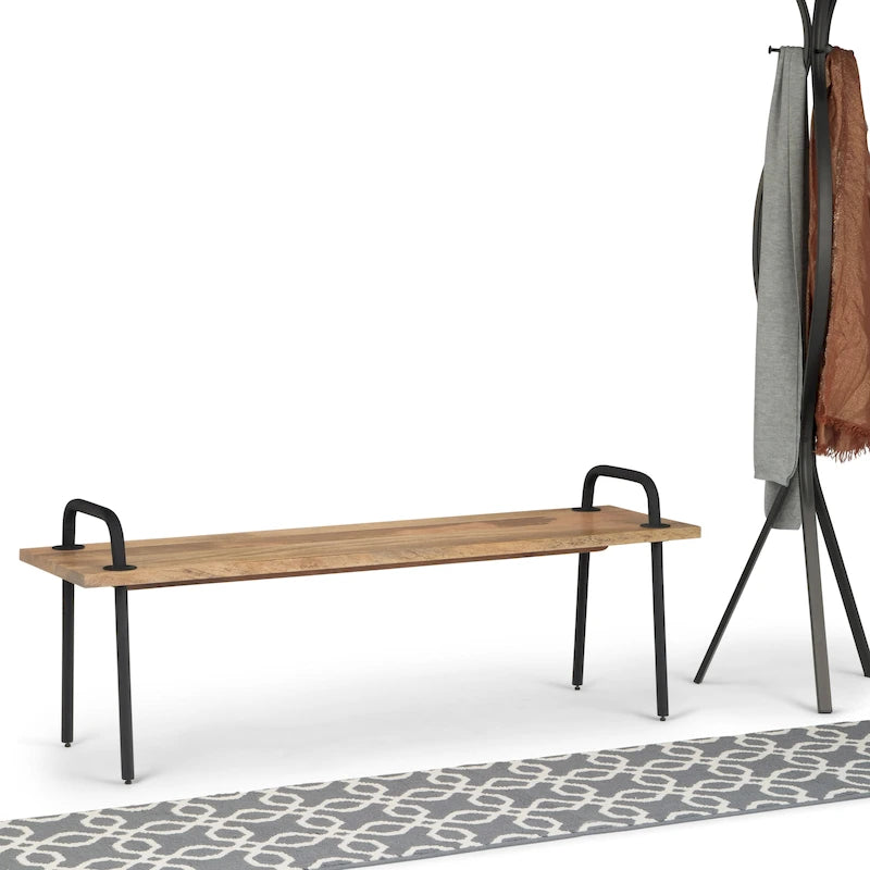 55" Solid Mango Wood Industrial Entryway Bench with Metal Legs