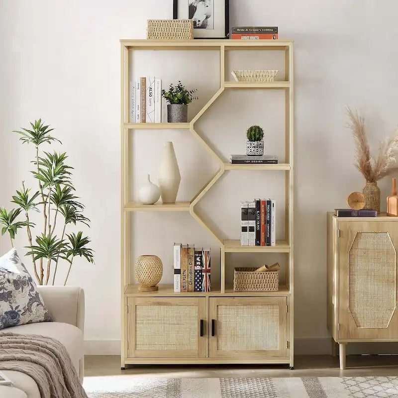 5-Tier Rattan Bookshelf with Storage Cabinet
