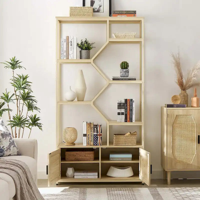 5-Tier Rattan Bookshelf with Storage Cabinet