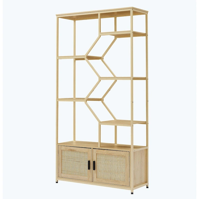 5-Tier Rattan Bookshelf with Storage Cabinet
