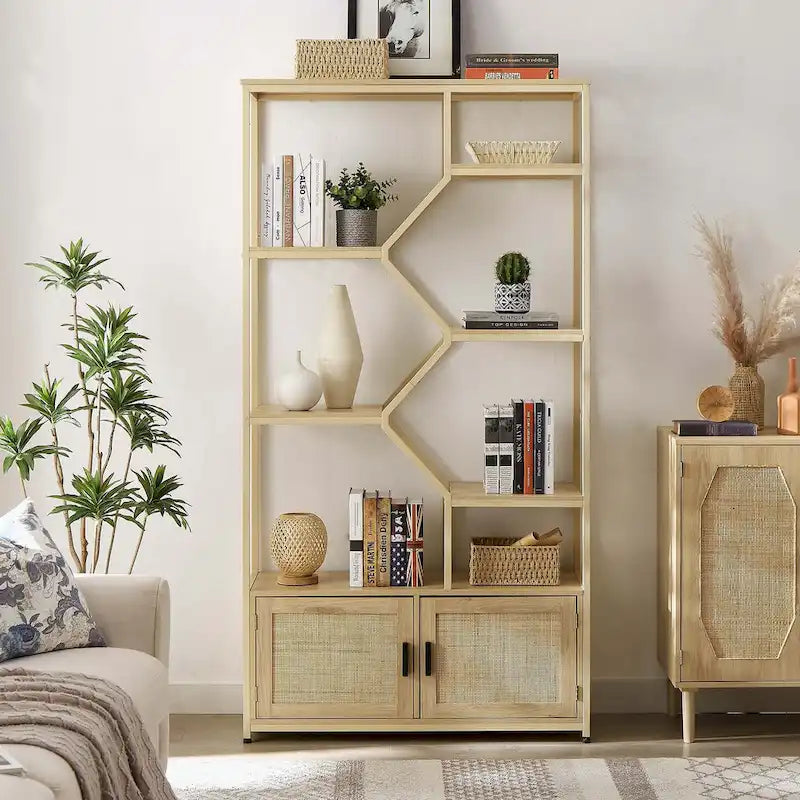 5-Tier Rattan Bookshelf with Storage Cabinet