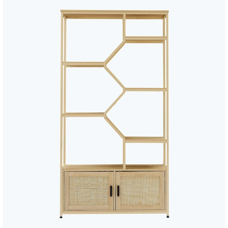5-Tier Rattan Bookshelf with Storage Cabinet