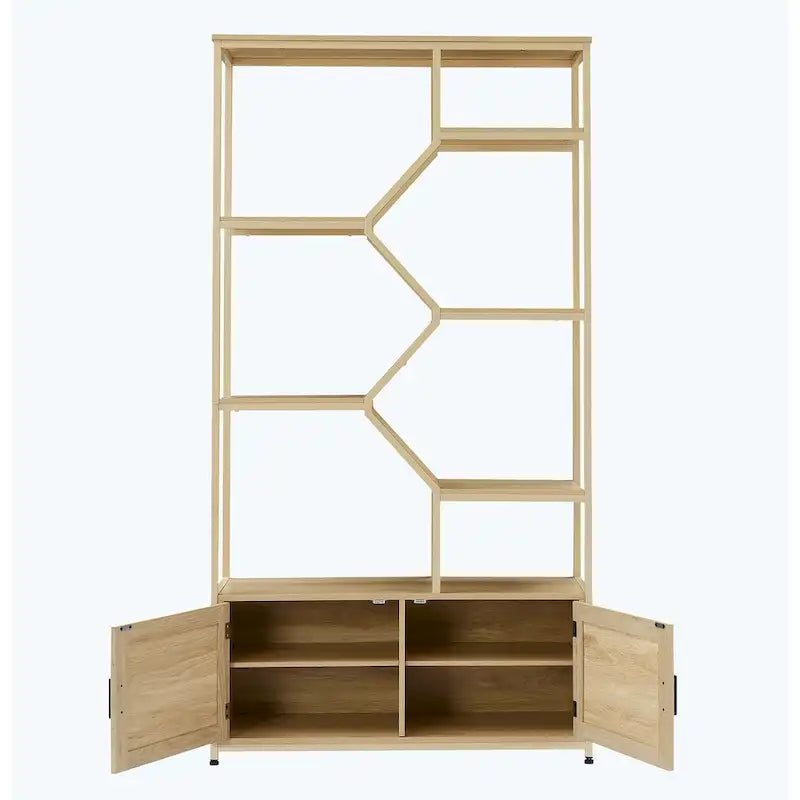 5-Tier Rattan Bookshelf with Storage Cabinet