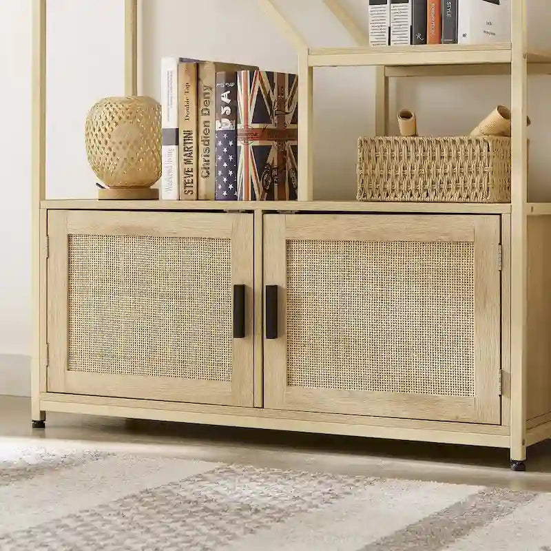 5-Tier Rattan Bookshelf with Storage Cabinet
