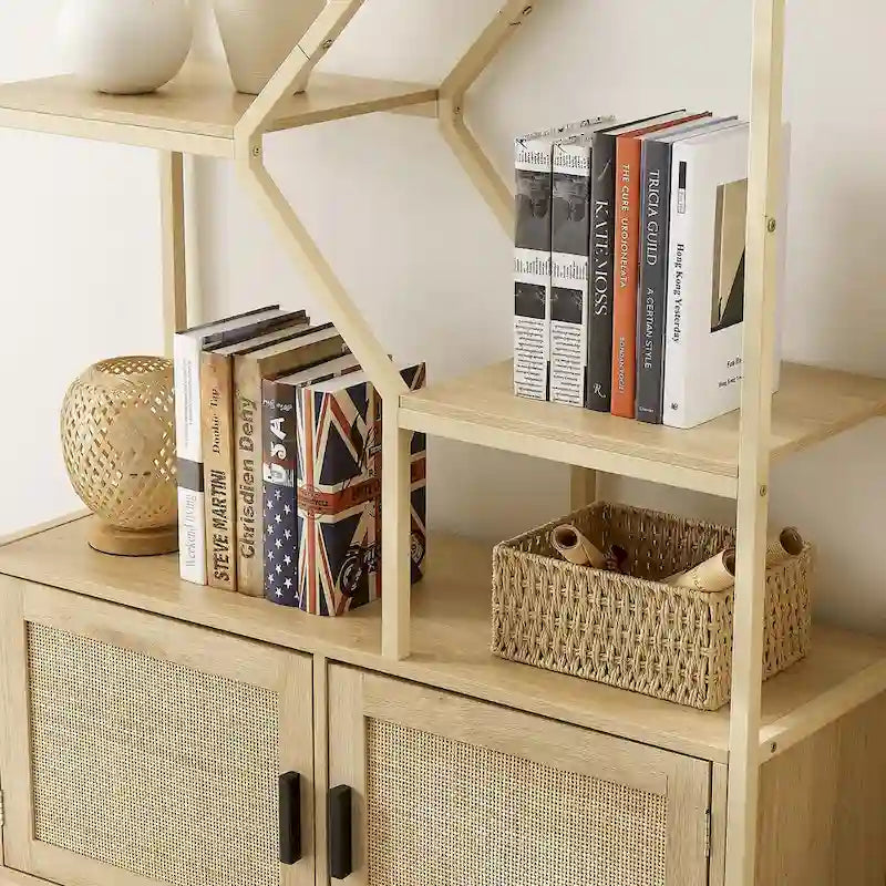 5-Tier Rattan Bookshelf with Storage Cabinet