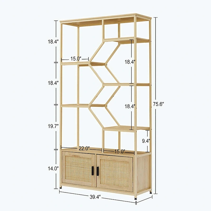 5-Tier Rattan Bookshelf with Storage Cabinet