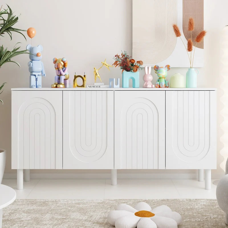 63" Minimalist Sideboard Cabinet with 4 Push-Open Doors & Pine Legs