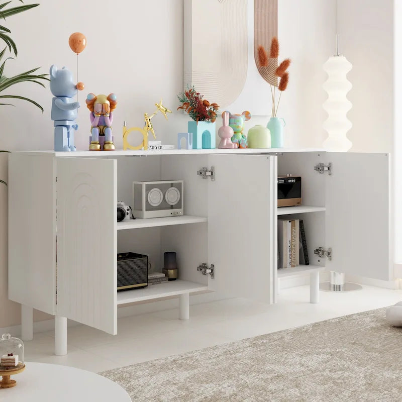 63" Minimalist Sideboard Cabinet with 4 Push-Open Doors & Pine Legs