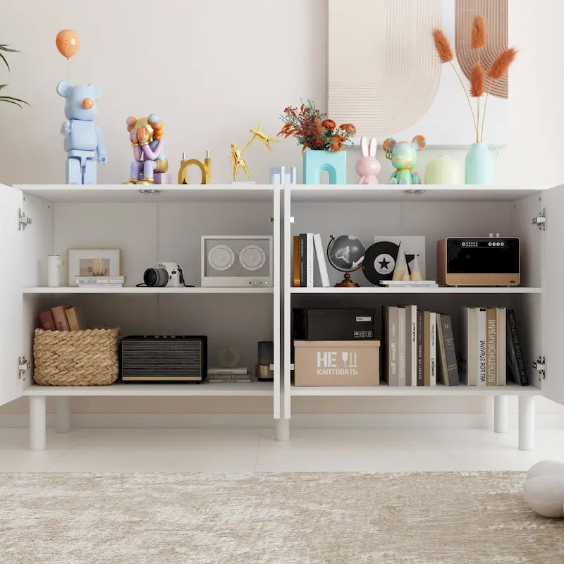 63" Minimalist Sideboard Cabinet with 4 Push-Open Doors & Pine Legs