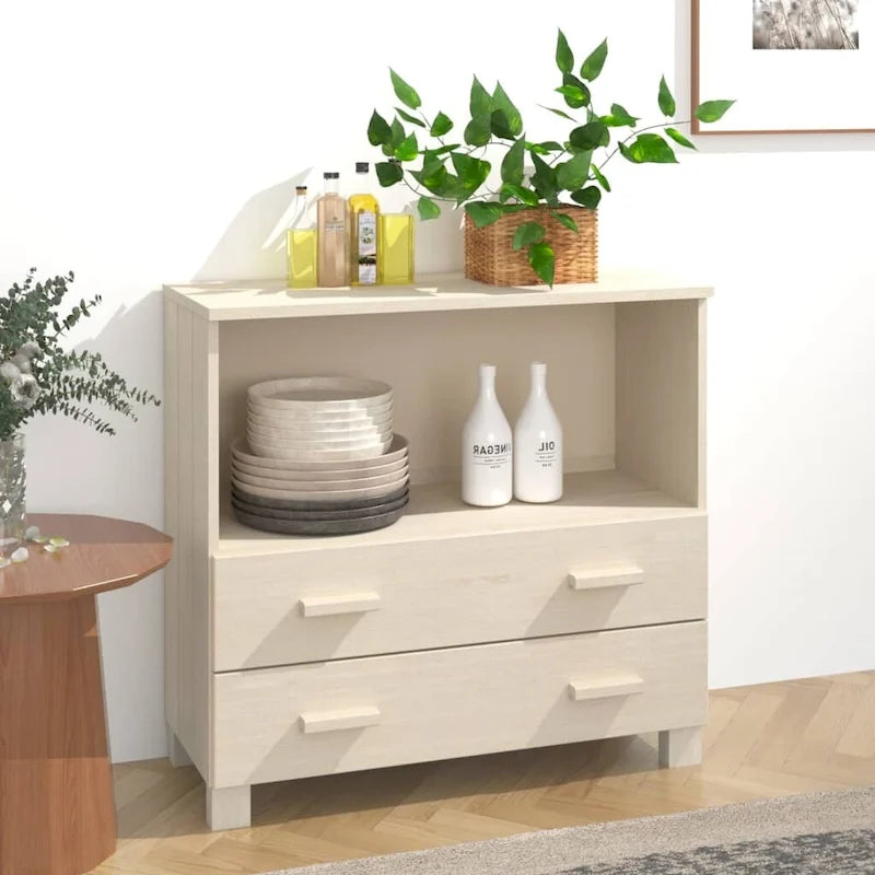 Solid Pine Wood Sideboard Cabinet with 2 Drawers & Open Compartment
