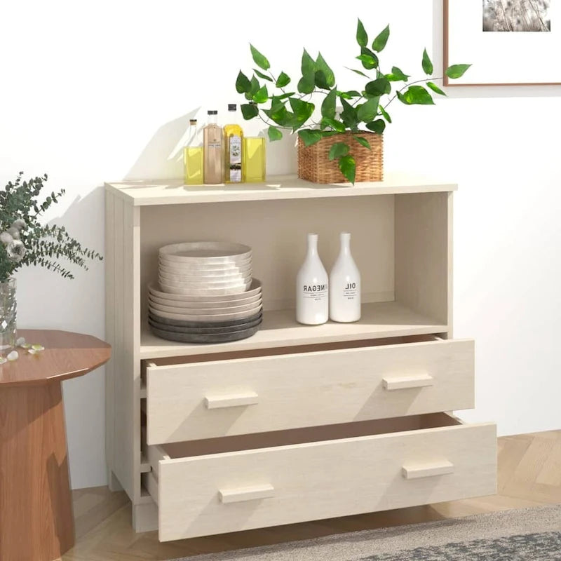 Solid Pine Wood Sideboard Cabinet with 2 Drawers & Open Compartment
