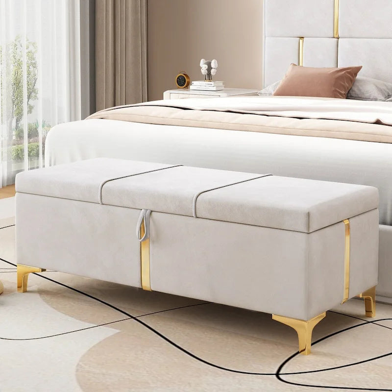 Upholstered Storage Ottoman Bench with Metal Legs & 250 lb Capacity