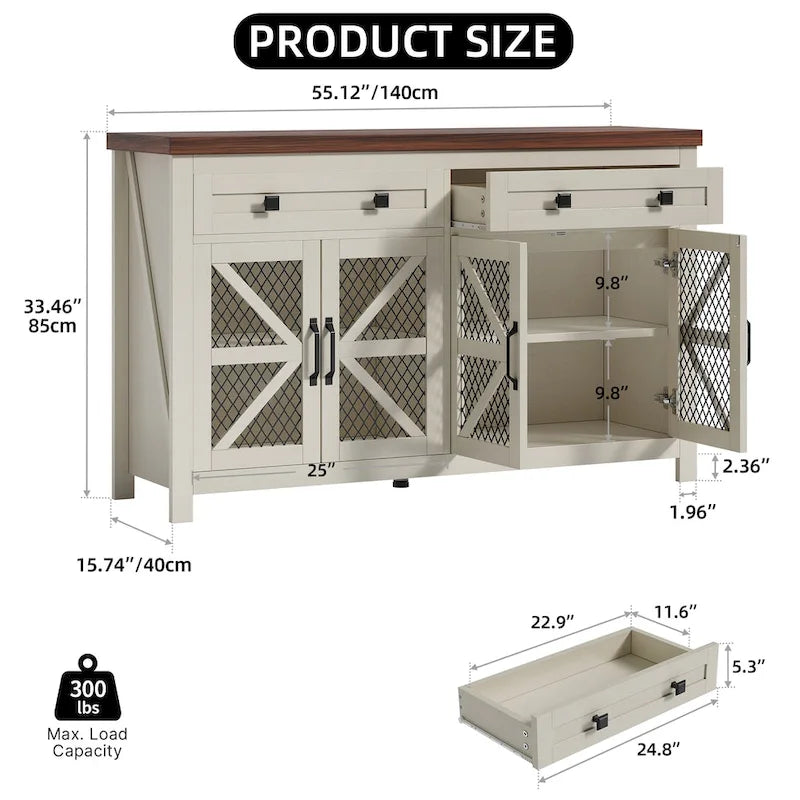 55" Farmhouse Sideboard Buffet Cabinet with Storage