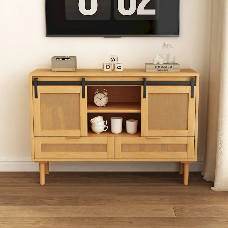 Sliding Barn Door Storage Cabinet & TV Stand with Rattan Doors