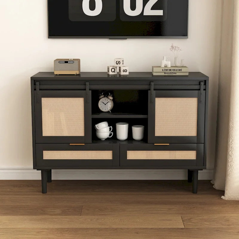 Sliding Barn Door Storage Cabinet & TV Stand with Rattan Doors