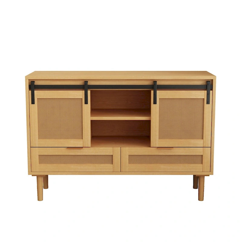 Sliding Barn Door Storage Cabinet & TV Stand with Rattan Doors