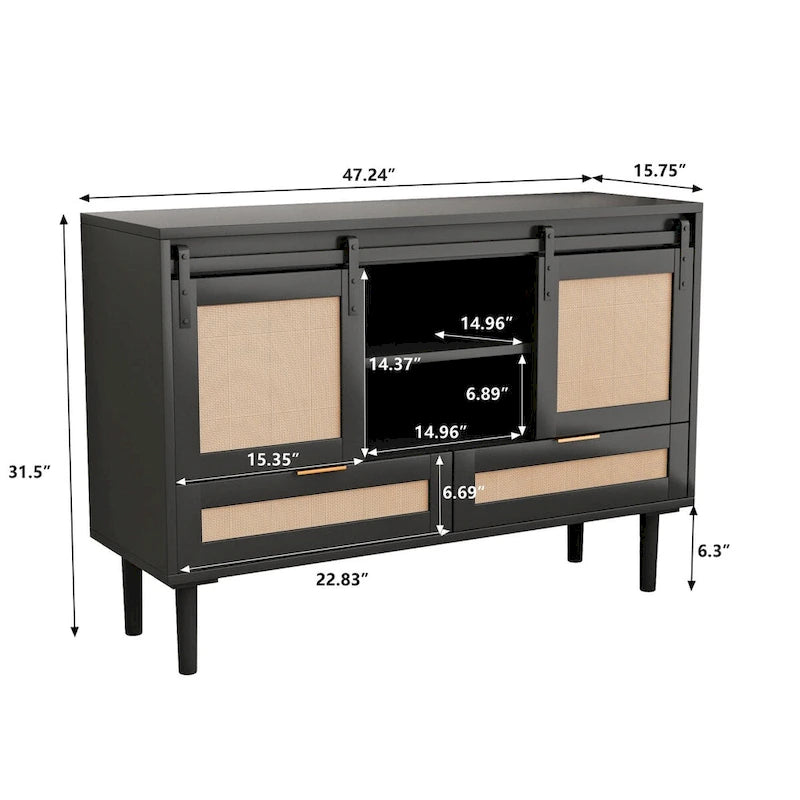 Sliding Barn Door Storage Cabinet & TV Stand with Rattan Doors