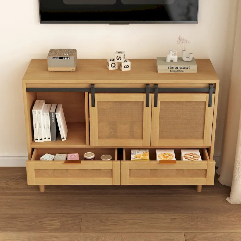 Sliding Barn Door Storage Cabinet & TV Stand with Rattan Doors