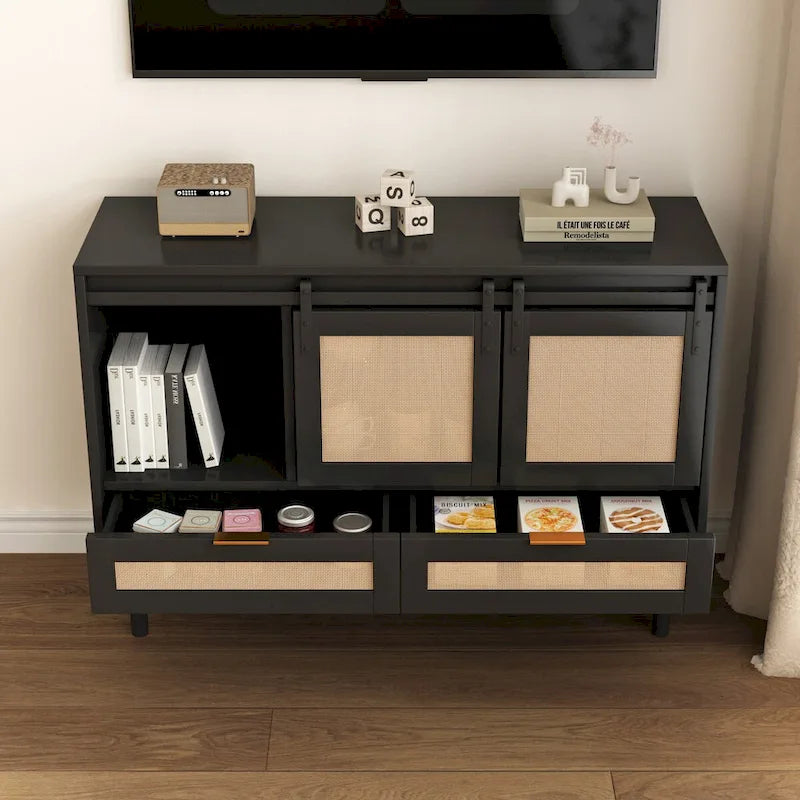 Sliding Barn Door Storage Cabinet & TV Stand with Rattan Doors