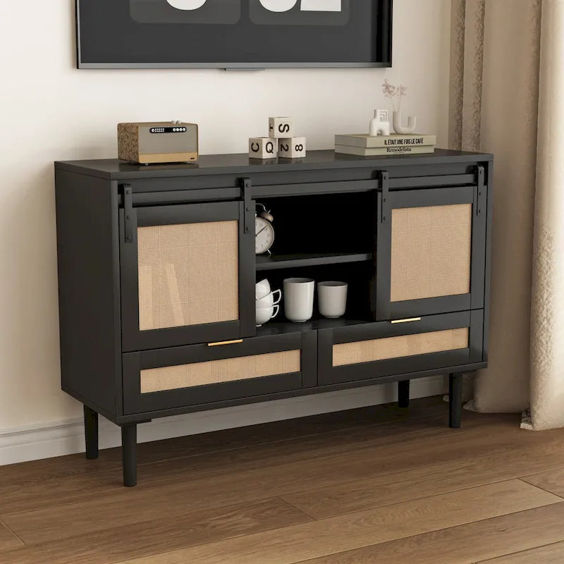 Sliding Barn Door Storage Cabinet & TV Stand with Rattan Doors