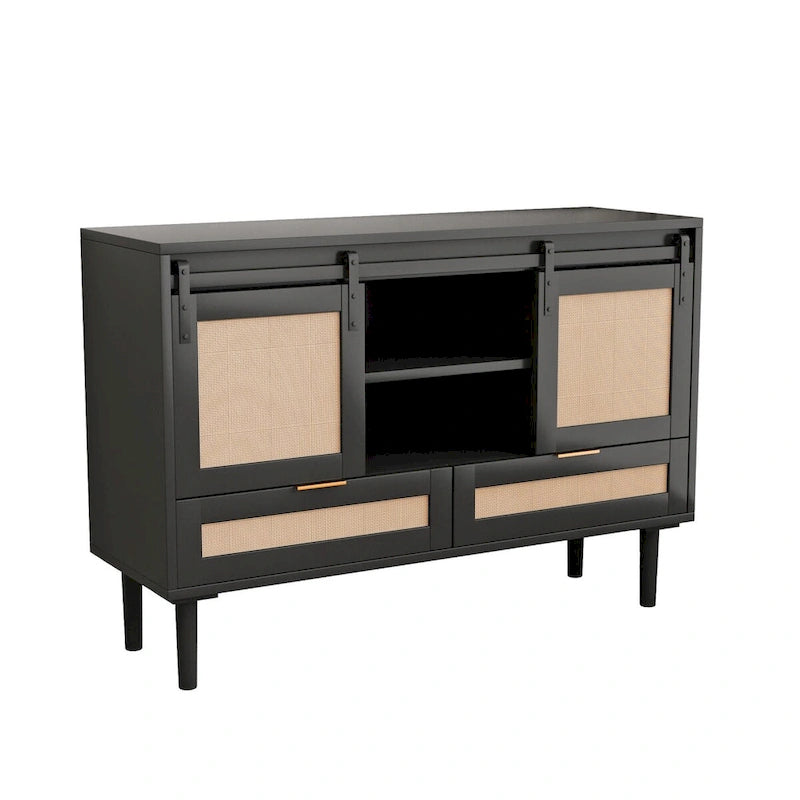 Sliding Barn Door Storage Cabinet & TV Stand with Rattan Doors