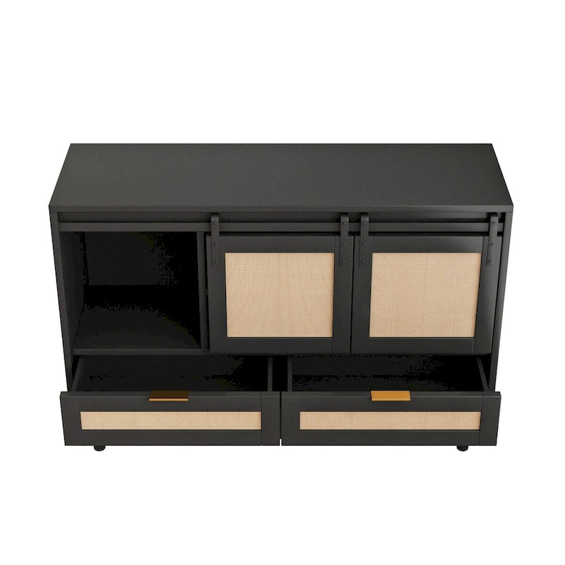 Sliding Barn Door Storage Cabinet & TV Stand with Rattan Doors