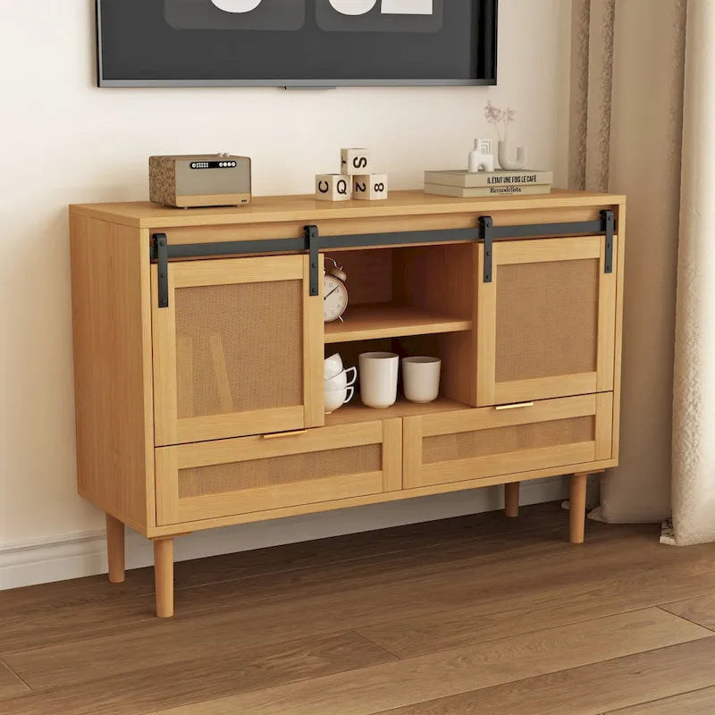 Sliding Barn Door Storage Cabinet & TV Stand with Rattan Doors
