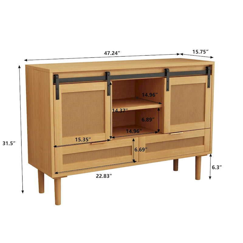Sliding Barn Door Storage Cabinet & TV Stand with Rattan Doors