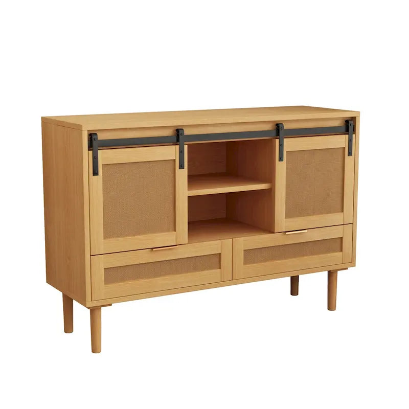 Sliding Barn Door Storage Cabinet & TV Stand with Rattan Doors