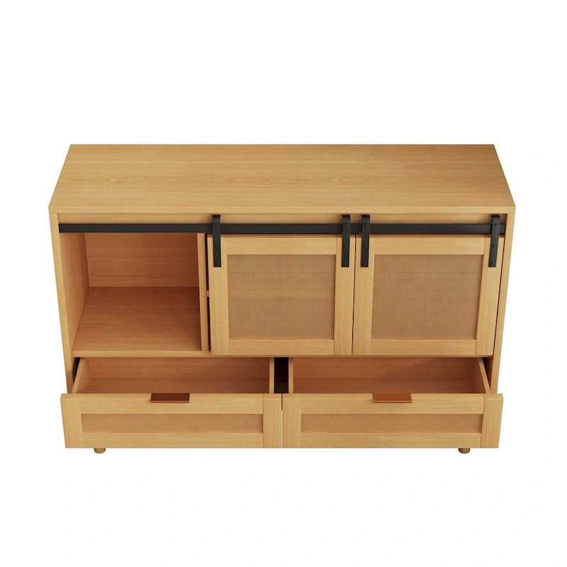 Sliding Barn Door Storage Cabinet & TV Stand with Rattan Doors
