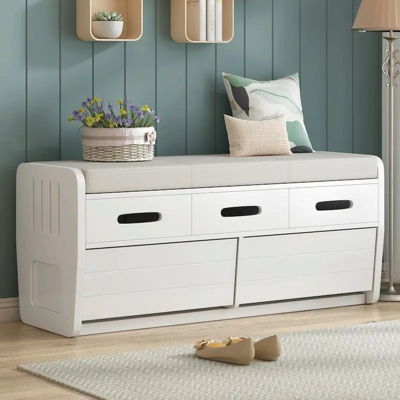 Rustic Storage Shoe Bench with Pull-Out Drawer & Removable Cushion