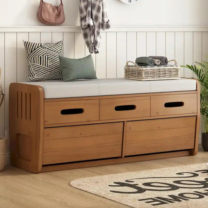 Rustic Storage Shoe Bench with Pull-Out Drawer & Removable Cushion