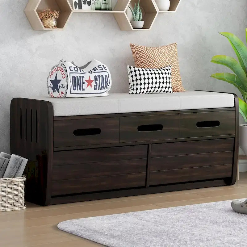 Rustic Storage Shoe Bench with Pull-Out Drawer & Removable Cushion