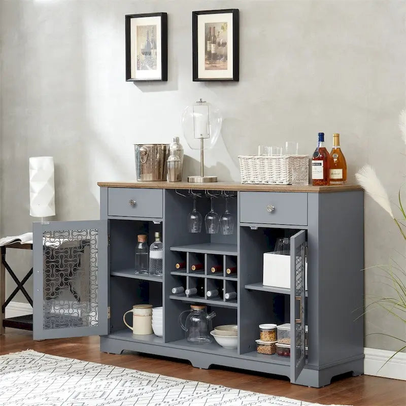 56" Bar Buffet Cabinet with Wine Rack, Glass Holders & Cable Management