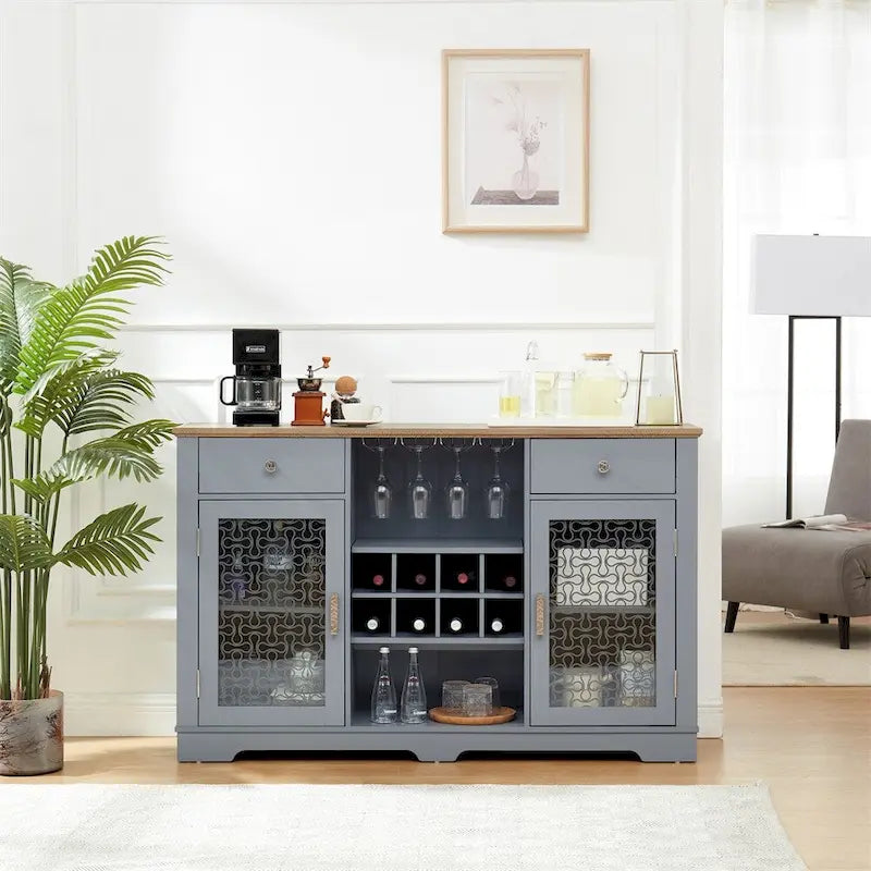 56" Bar Buffet Cabinet with Wine Rack, Glass Holders & Cable Management