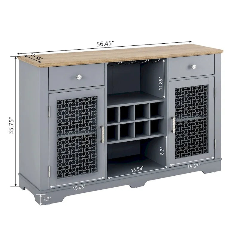 56" Bar Buffet Cabinet with Wine Rack, Glass Holders & Cable Management