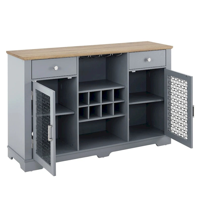 56" Bar Buffet Cabinet with Wine Rack, Glass Holders & Cable Management