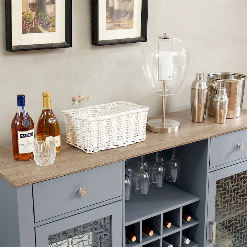 56" Bar Buffet Cabinet with Wine Rack, Glass Holders & Cable Management