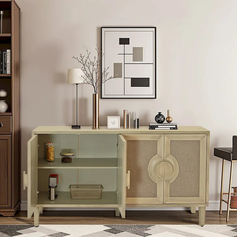 60" Vintage 4-Door Sideboard Cabinet with Linen Doors & Half-Moon Handles
