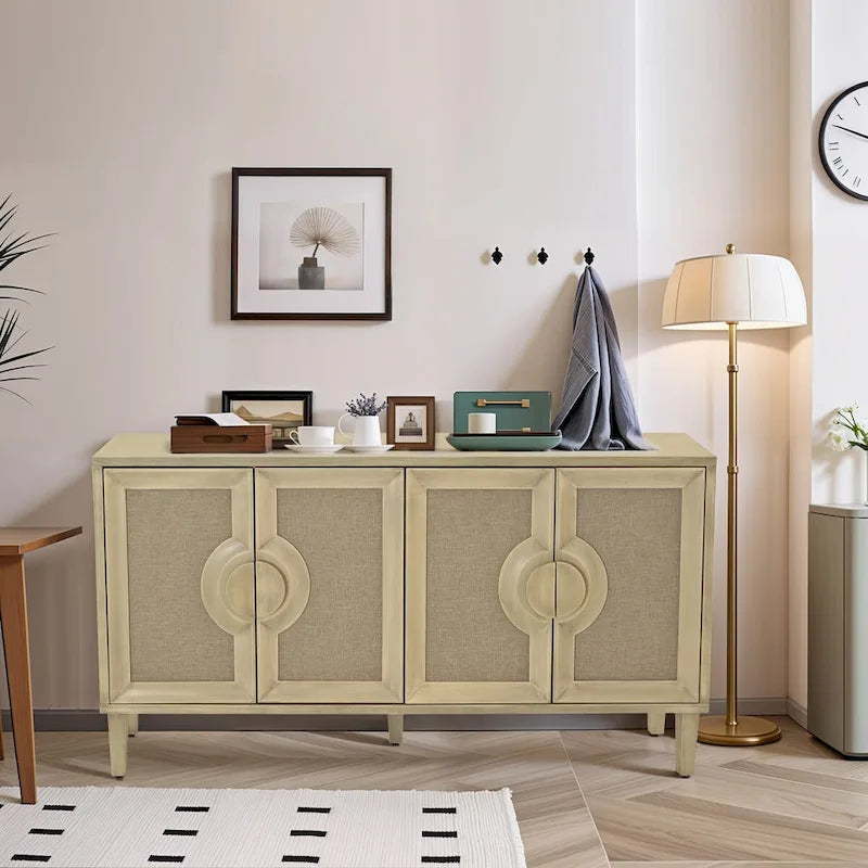 60" Vintage 4-Door Sideboard Cabinet with Linen Doors & Half-Moon Handles