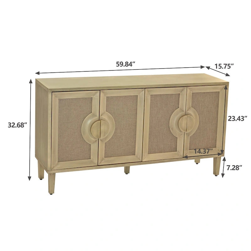 60" Vintage 4-Door Sideboard Cabinet with Linen Doors & Half-Moon Handles