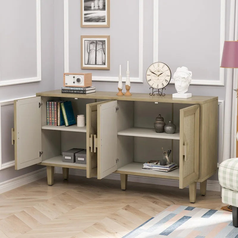 60" Vintage 4-Door Sideboard Cabinet with Linen Doors & Half-Moon Handles