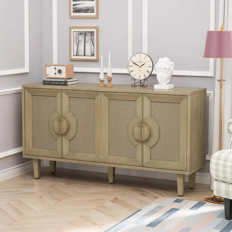 60" Vintage 4-Door Sideboard Cabinet with Linen Doors & Half-Moon Handles