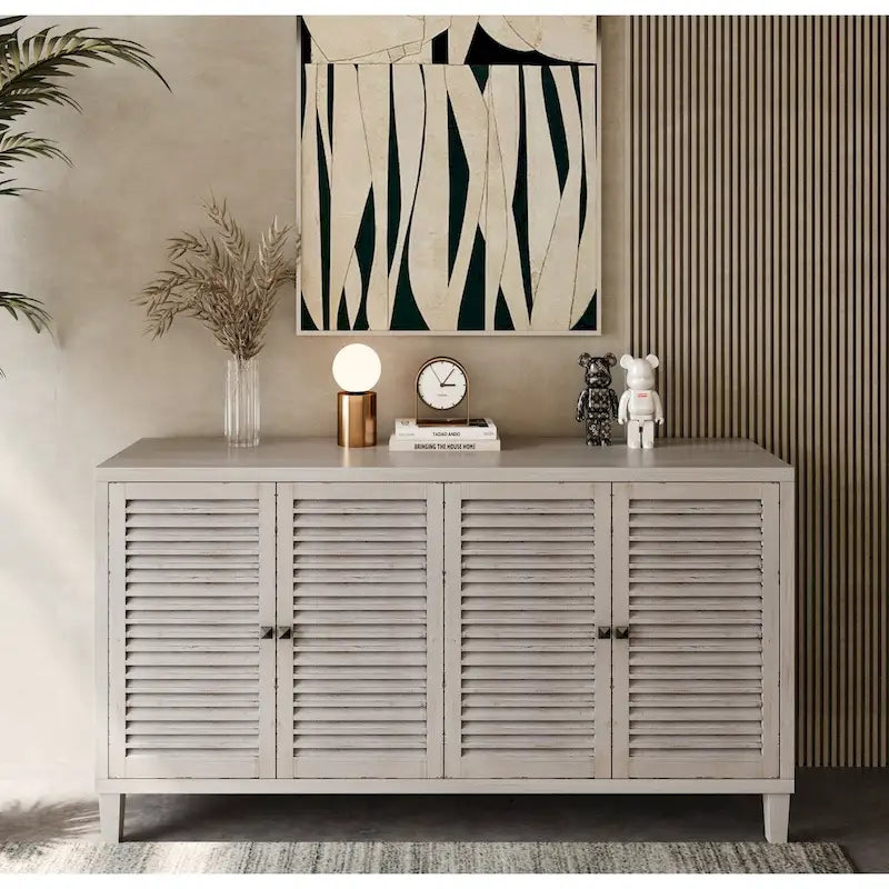 4-Shutter Door Sideboard Buffet Cabinet in Shabby Chic White Wash
