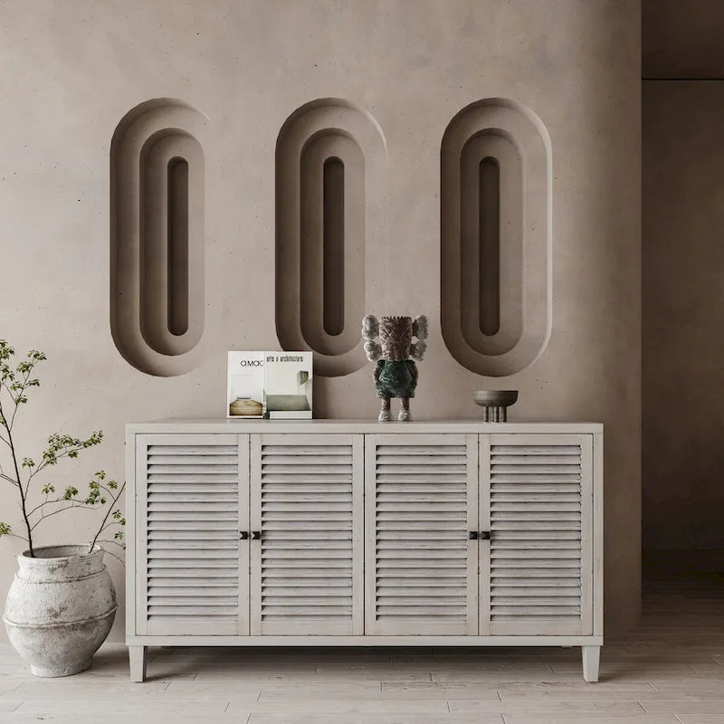 4-Shutter Door Sideboard Buffet Cabinet in Shabby Chic White Wash